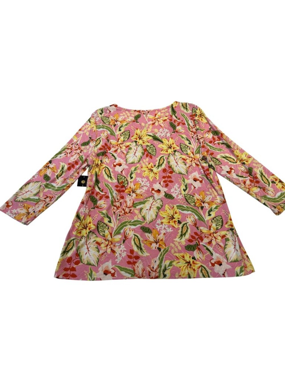 JM Collection Womens Size Large Floral Jacquard Knit Top 3/4 Sleeves Pink/Yellow
